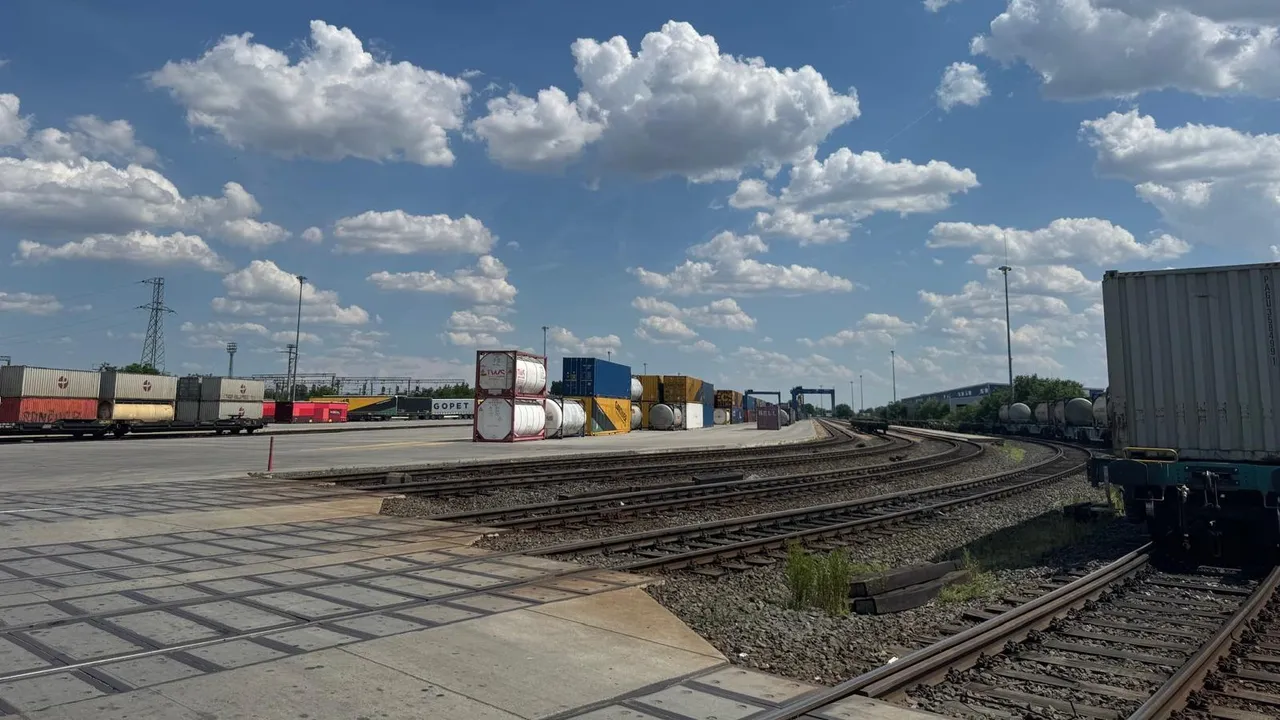 Gleisseite des Terminals Arad: Verladegleise mit Waggons, dahinter gestapelte Container und Tankcontainer