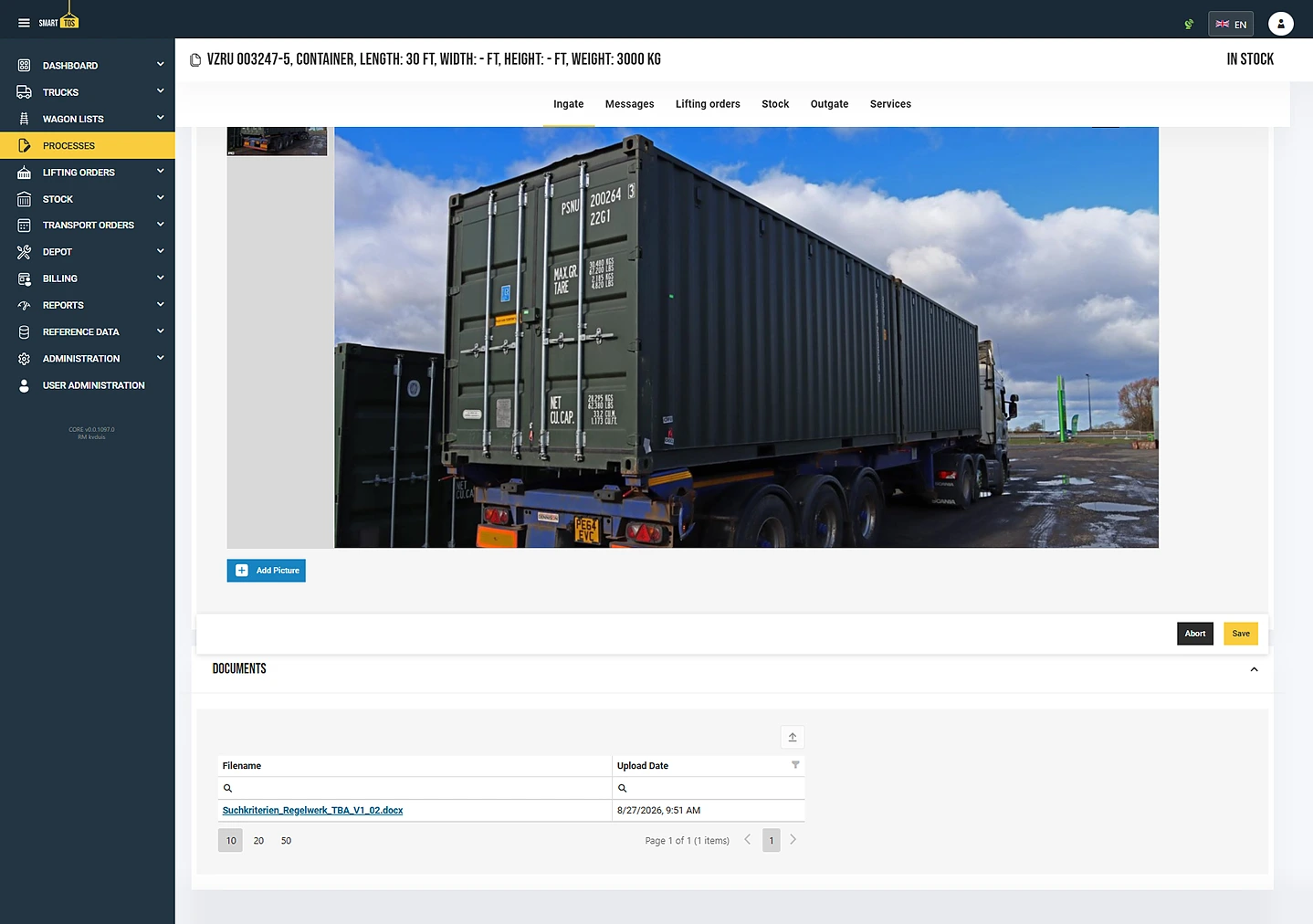 smartTOS-Vorgang einer Ladeeinheit: hinterlegte Fotos und Dokumente mit Upload-Datum
