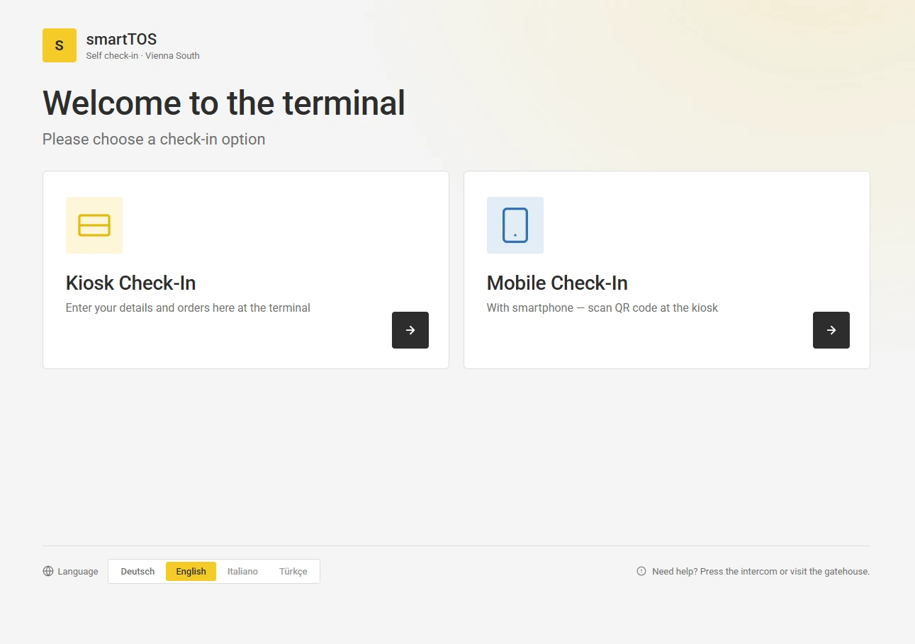 smartTOS-Self-Check-in am Kiosk: Auswahl zwischen Check-in am Terminal und Anmeldung per Smartphone, viersprachig