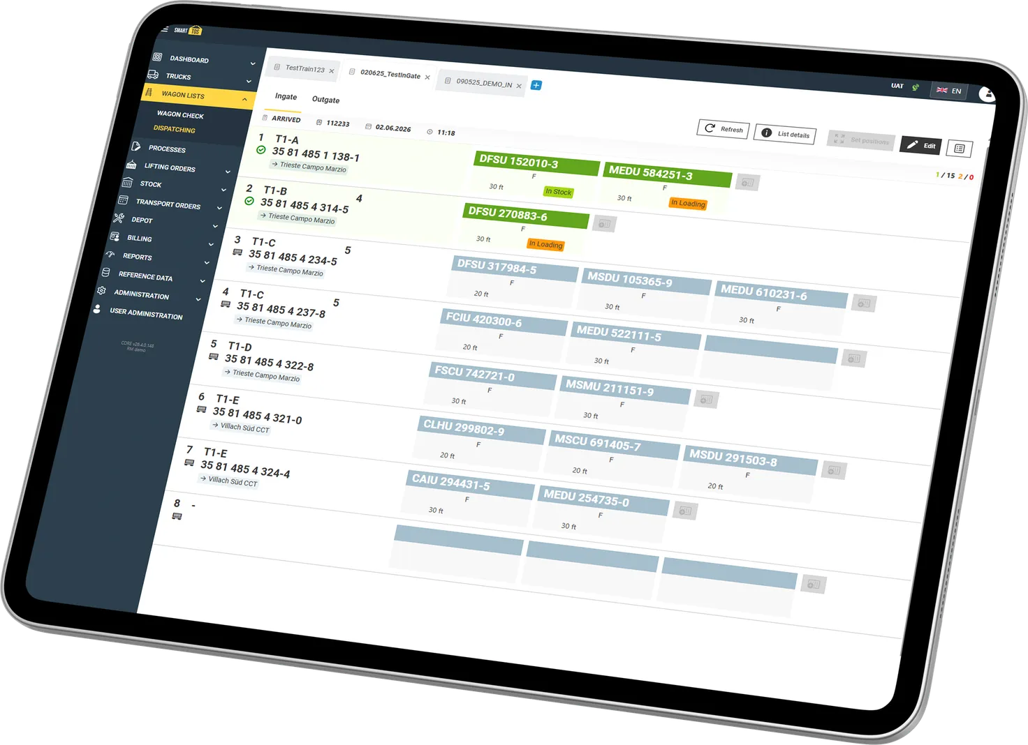 smartTOS am Tablet: Wagencheck bei der Zugeinfahrt mit Waggonliste, UIC-Wagennummern und Zielbahnhöfen, daneben die aufgenommenen Ladeeinheiten mit Containernummer und Länge