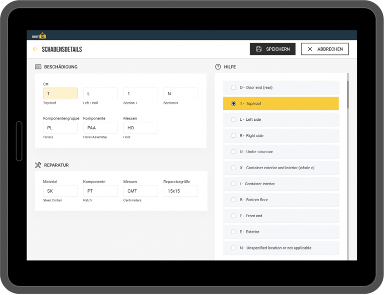 Benutzeroberfläche von Schadensdetails auf Tablet von Terminal System SmartTOS